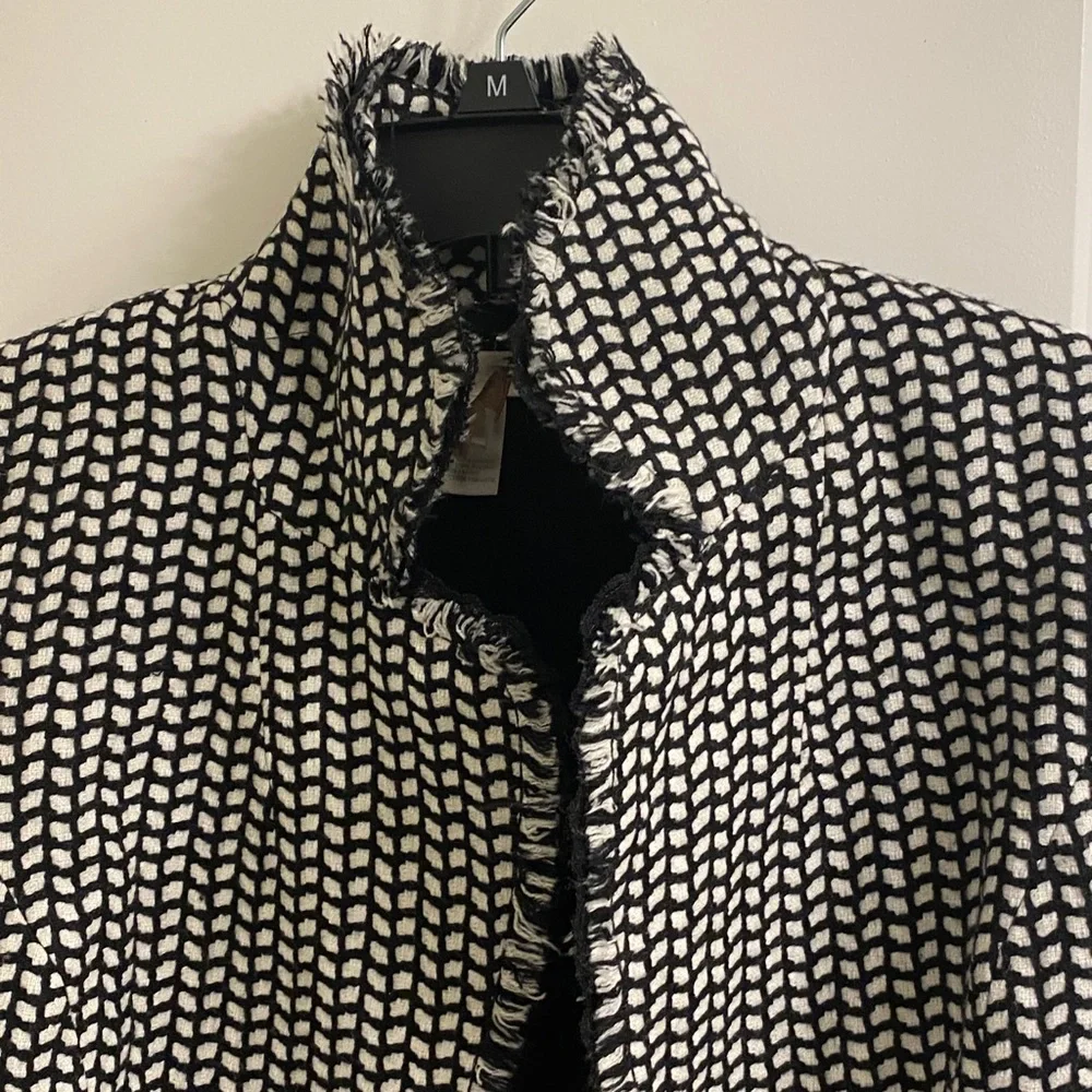 White House Black Market tweed black and white fringed jacket. - Picture 3 of 11